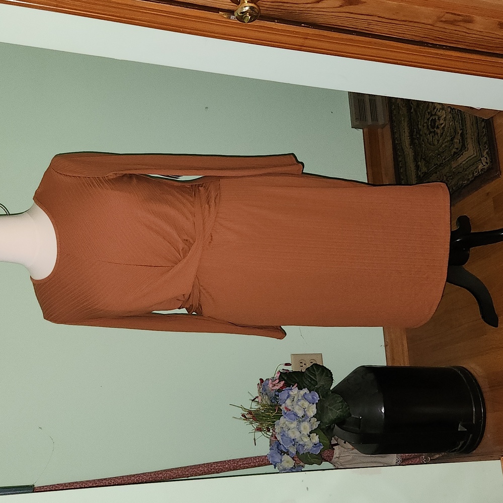 Nine West Long Sleeve Plus Size XXL Ruched Dress in Mocha